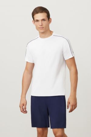 FILA Fundamental Piped Crew Shirts White / Navy,Mens Tennis | CA.QJPZSM052